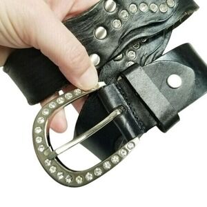Rhinestone Studded Black Leather Belt Grunge Festival‎ Goth Whimsigoth Belt 34